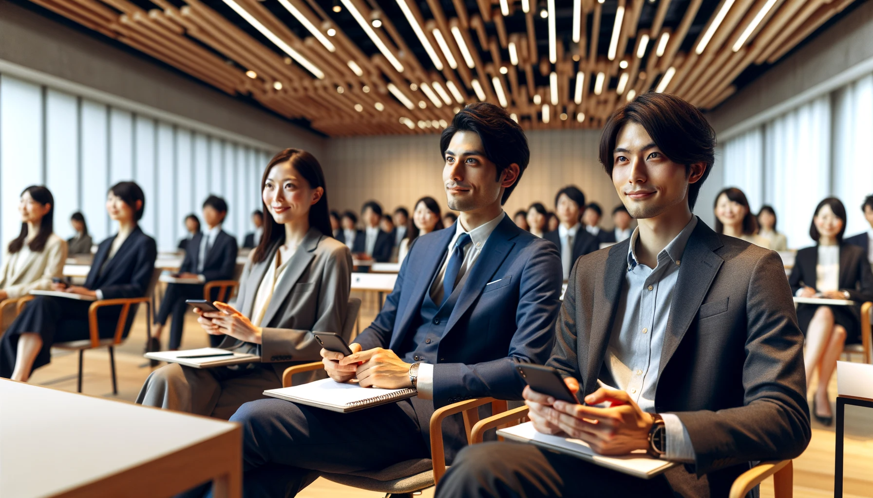 DALL·E 2023-12-22 15.39.25 - Japanese business professionals seated in a modern conference hall, attentively listening to a lecture while holding smartphones. The setting is conte